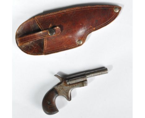 A 19th century likely Belgian made muff or boot pistol. Wooden decorated stock, with twist-to-load barrel. ' F ' proof mark t