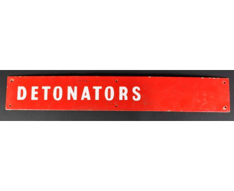 An original WWII Second World War period British Army or RAF Royal Air Force enamel ' Detonators ' sign. Red ground, with whi