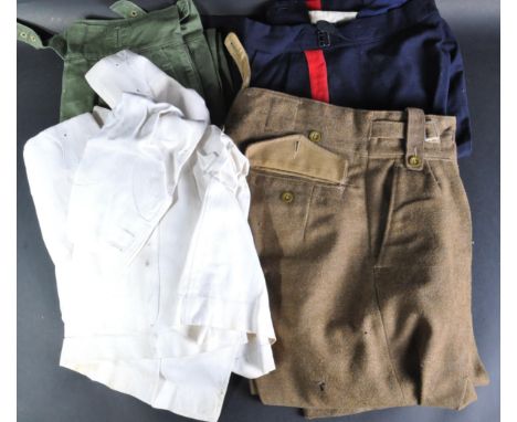 A collection of assorted post-war British Armed Forces uniform item, including a pair of 1950s pattern WD stamped trousers, m
