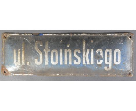 WWII Second World War Interest - an original Polish enamel street / border sign ' ul. Stoinskiego '. Blue ground, with raised