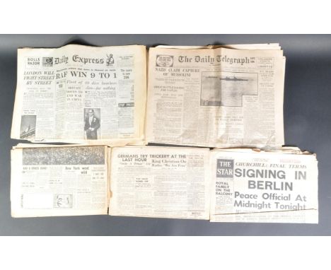 A collection of WWII Second World War related newspapers. Includes headlines: Three More Armies Surrender, Cease Fire Was At 
