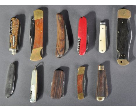 A collection of x10 vintage assorted pen knives / Swiss army knives, to include; a Mother of Pearl type example, various wood