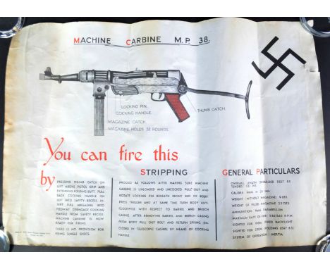 A scarce original WWII Second World War 1943 dated British Army training poster for how to use a German MP38 Machine Gun. Iss