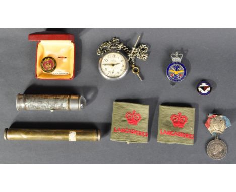 A collection of WWII Second World War and other period military related items to include; Essex Regiment enamel badge, Bull's