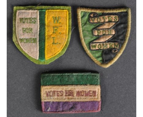 Suffragette Interest - A collection of x3 Suffragette ' Votes For Women ' / WSPU related cloth clothing patches. The first be