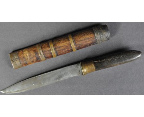 A late 19th / early 20th Century Burmese tribal type hunting dagger / knife. Wooden shaped handle, with brass mount, leading 