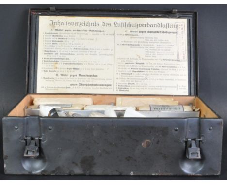 WWII Second World War - an original WW2 German Third Reich Nazi ' Luftschutz ' (Air Raid) first aid tin, with contents. Origi