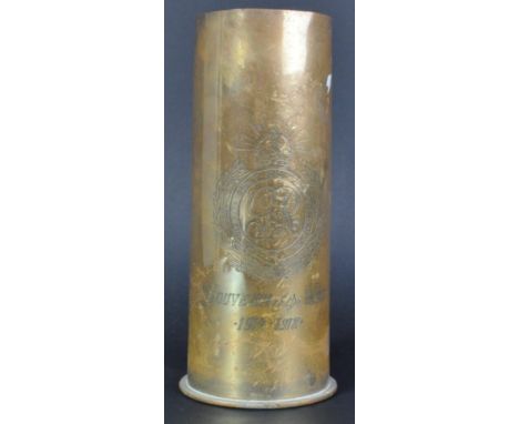 A WWI First World War 1918 dated brass artillery shell - engraved to the front with Royal Engineers emblem and ' GR V ' - ' S