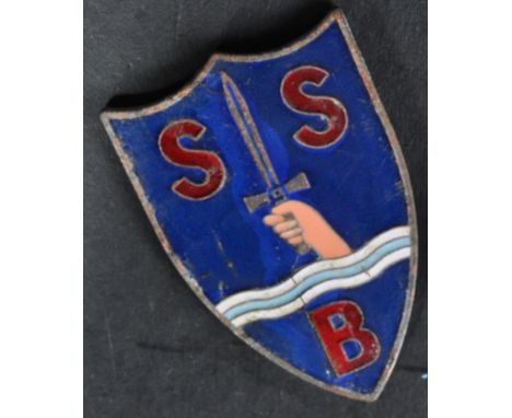 WWII Second World War Interest - a vintage enamel SBS ' Special Boat Service ' cap badge. Red, white, blue and pink enamel de