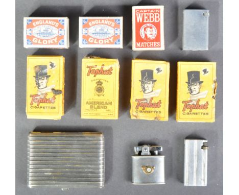 A collection of WWII Second World War c1940s era cigarette boxes and lighters. Includes boxes of Tophat Cigarettes, Captain W