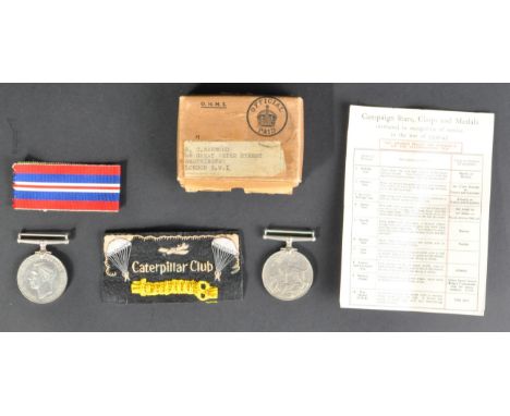 A WWII Second World War medal pair awarded to one R. C. Barwood of Westminster, London. Comprising War Medal and Defence Meda
