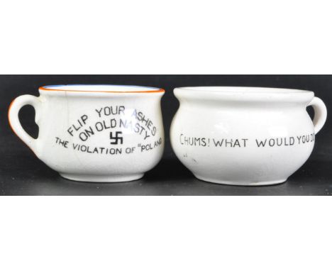 Two original WWII Second World War British made anti-Hitler ashtrays in the form of miniature chamber pots. The first named a