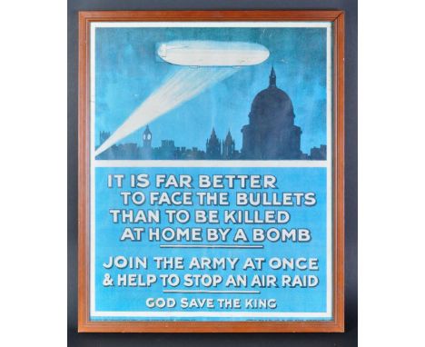 A scarce original WWI First World War period British home front issued recruitment poster featuring an Imperial German Zeppel