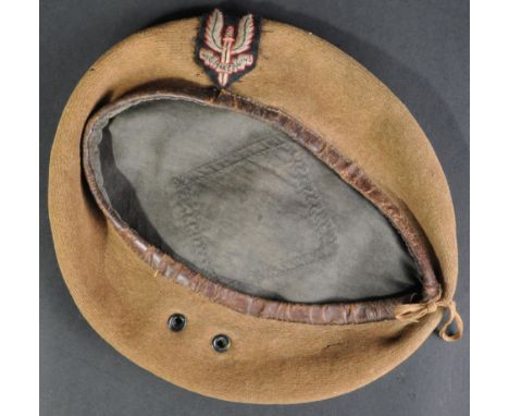 WWII Second World War Interest - a WW2 period likely Kangol made tan uniform beret, with an associated SAS cloth ' Who Dares 