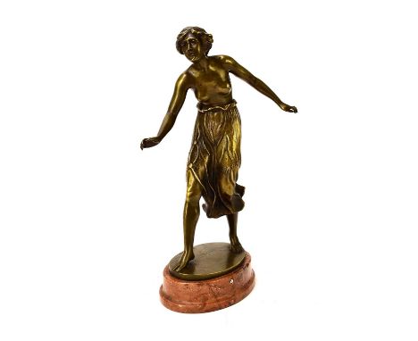 A bronze figure of a semi-nude girl, early 20th centuryOf dark gold patina, modelled in mid-stride or dance pose, wearing a f