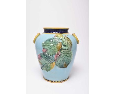 A Brown Westhead Moore &amp; Co majolica fruits vase or jar, lacking cover, circa 1875-80, ovoid form with small ring handles