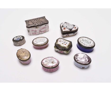 A collection of patch and snuff boxes, including Bilston enamel examples, 18th - 20th centuries, the group including a scarce