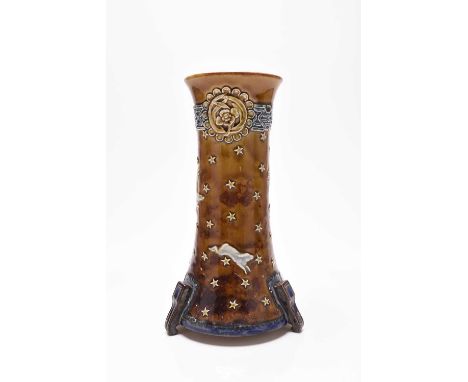 An unusual Doulton Lambeth stoneware vase, circa 1880, of 'rocket' shape, the main body of the vase decorated with a rabbit o