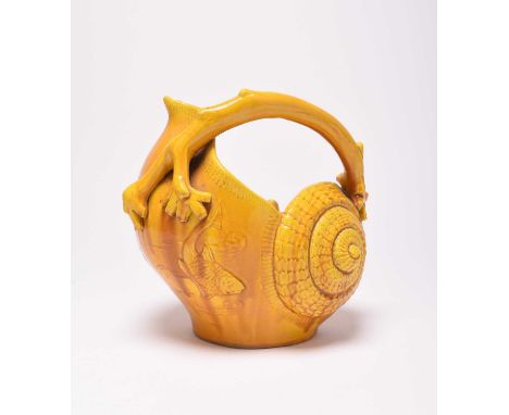 An unusual Burmantofts faience vase or basket, late 19th century, of single-handled form,. yellow or ochre glazed, modelled a