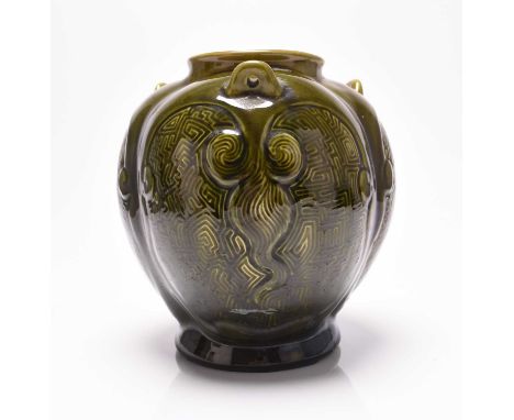 Christopher Dresser (1834-1904) for Linthorpe, a lobed geometric vase with three handles and green glaze, model number 415, l