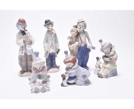A group of six Lladro porcelain figures of clowns, comprising 'Pierrot with Puppy and Ball', model 5278, 'Pierrot with Puppy'