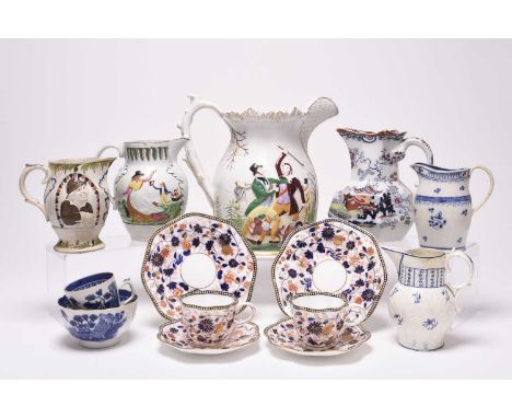 A group of English ceramics, 19th century, comprising a large Staffordshire jug, depicting the murder of gamekeeper William C