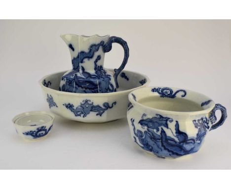 A Mason's Ironstone 'Blue Dragon' toilet set, 19th century, transfer-printed in underglaze blue, comprising chamber pot, soap