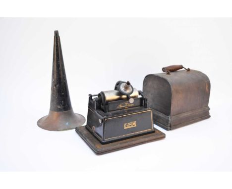 An Edison GEM Model A phonograph, early 20th century, with horn, serial number on the plate G87895, in an oak case with 'Edis