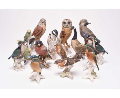 A collection of models of birds, comprising seven by Goebel, circa 1972-1990, Jay (tail broken and re-glued), Greater Spotted