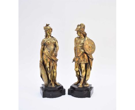 A pair of cast bronze alloy figures of Mars and Minerva, latter part of the 20th centuryunsigned, on stepped bases, 40cm high