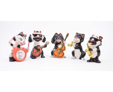 A set of five Lorna Bailey cat figures, 'Lorna's Jazz Band' comprising guitarist, drummer, sax, clarinet and double base, pai