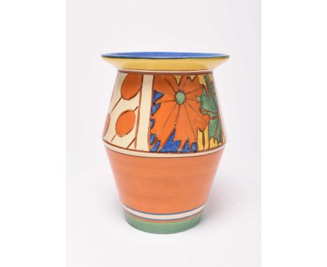 A Clarice Cliff for Wilkinson Pottery Fantasque vase, 'Umbrellas and Rain', circa 1929, shape 342, printed factory marks, imp