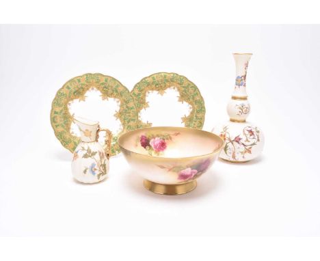 A group of Royal Worcester, comprising a blush ivory pedestal bowl, painted with still lives of pink roses and green foliage,