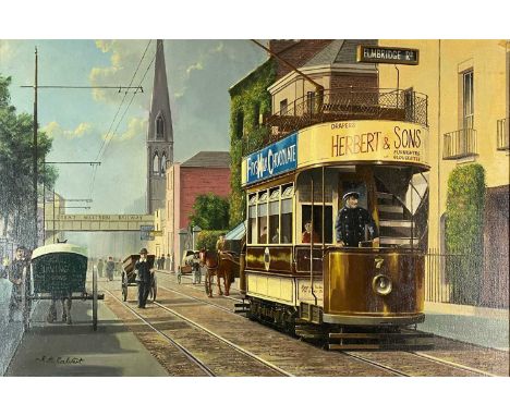 Robert K Calvert (20th Century) Gloucester City Scene with tram and carts as in circa 1905, signed lower left, dated verso 19