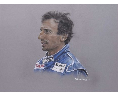 Steve Doig (b.1964) Portrait of Ayrton Senna (1960-1994) and his Renault Formula One racing car, signed and dated '94 lower r