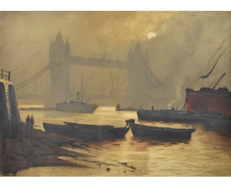 19th Century Thames Shipping Scene with Tower Bridge beyond, etching in colours, signed indistinctly lower right, blind stamp