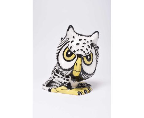 Lorna Bailey, a large model of an owl, black, white and yellow, printed and painted marks, monogrammed J.W, 22.5cm high (the 