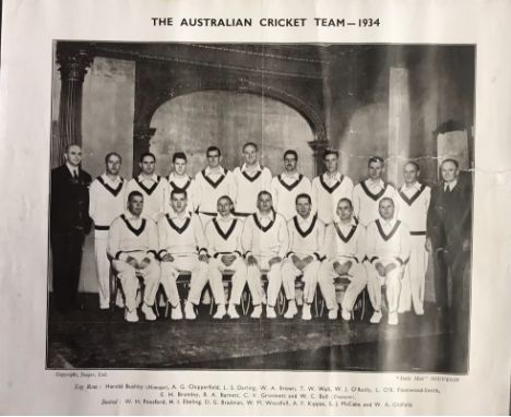 1934 Australian Test Team, News Chronical Photo print of the Team D G Bradman etc presentable, tear repair/creases