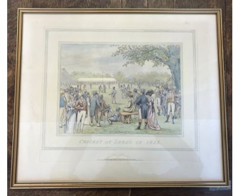 Antique Cricket print, "Cricket at Lords" in 1822, published 1884, superb with gilt frame and glazed. 16 x 14", buyer collect