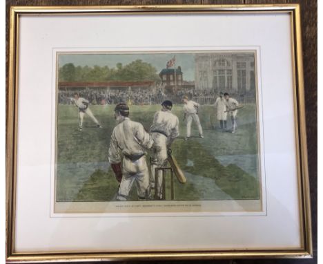 Middlesex v Notts, an antique cricket coloured print "Cricket Match at Lords" Shrewsbury caught out by Phillips (Taylor &amp;