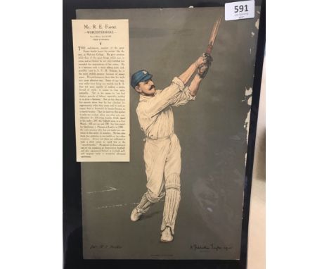 1905 Worcestershire Mr R E Foster, fine colour print of this batsman, Highest Test Score 287 by Chevalier Taylor, some edge f