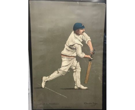 Lancashire 1905 coloured print of Mr A E Maclaren. A very fine colour print, batting, by Chevalier Taylor, 10 x 15", slight e