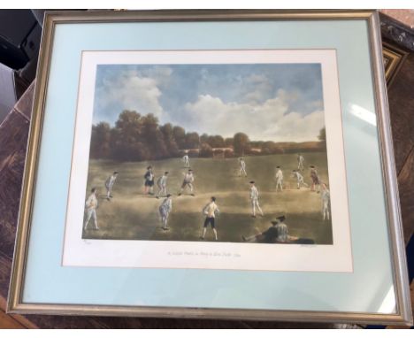 Print - A cricket match in Mary-le-Bone fields 1740. A beautiful colour print, limited edition, signed Lawrence Jesset 32" x 