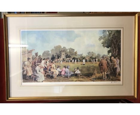 Vintage Cricket - A Large Print by Eric Sturgeon (signed) gilt framed and glazed. A Fine print of village cricket in times go