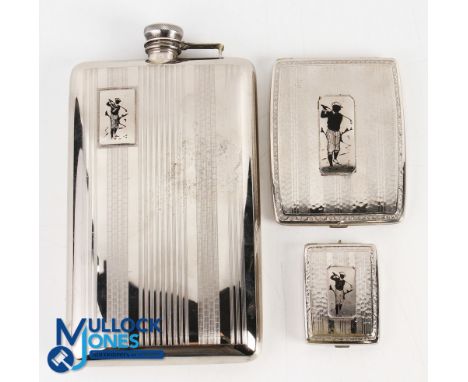 Group of 3x Golfing Related Chrome Plated Items - including large hipflask, cigarette case and small hinged case, each having