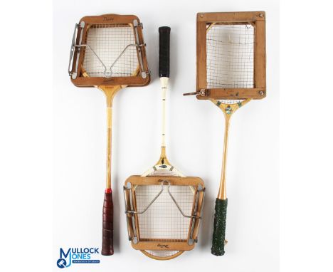 3x Period Wooden Badminton/ Squash Rackets - to include Slazenger Victory squash racket in Dunlop press, Jaques London Regal 