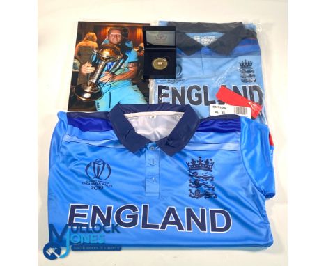 2019 England World Cup Winners: shirts, photograph and commemorative medal, 2 short sleeve shirts size XL and M, a gold-plate