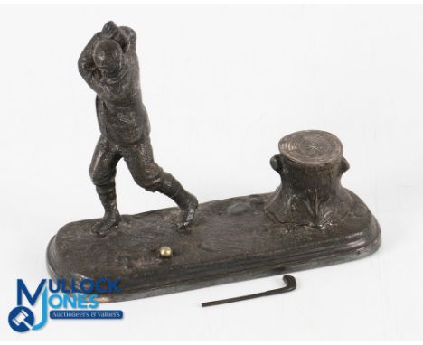 Original Vic. Golfers Desk Inkwell - featuring a Vic golfer at the top of his swing together with tree stump inkwell (no glas