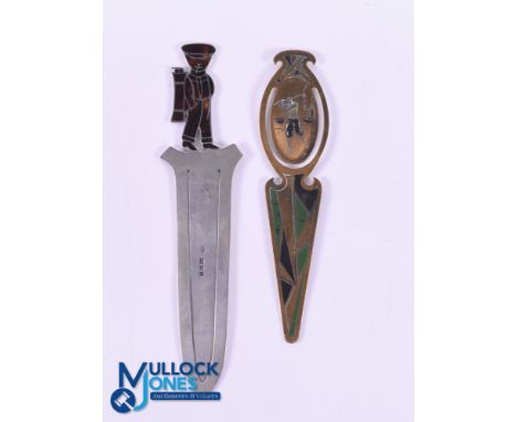 2 Large Art Deco Silver and Brass Book Markers - to incl Silver and Enamel booker marker with enamel Caddie Figure - the blad