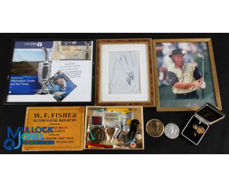 Golf Signed Items: Badges and Collectables, a mixed lot incl a signed Greg Norman photograph, a framed Open 2009 programme wi